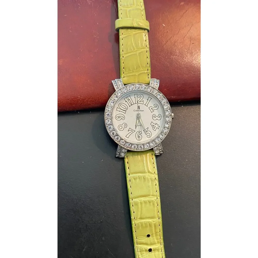 Women's 35mm Silver Tone In Collection Watch, Crystal Accents, Line Green Band